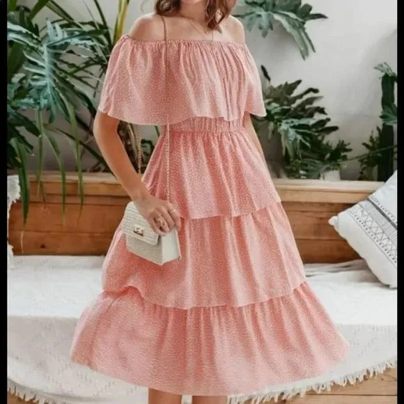 boutique | Dresses | Off The Shoulder Peach Pink Polka Dot Layered Tiered  Ruffle Midi Dress | Poshmark